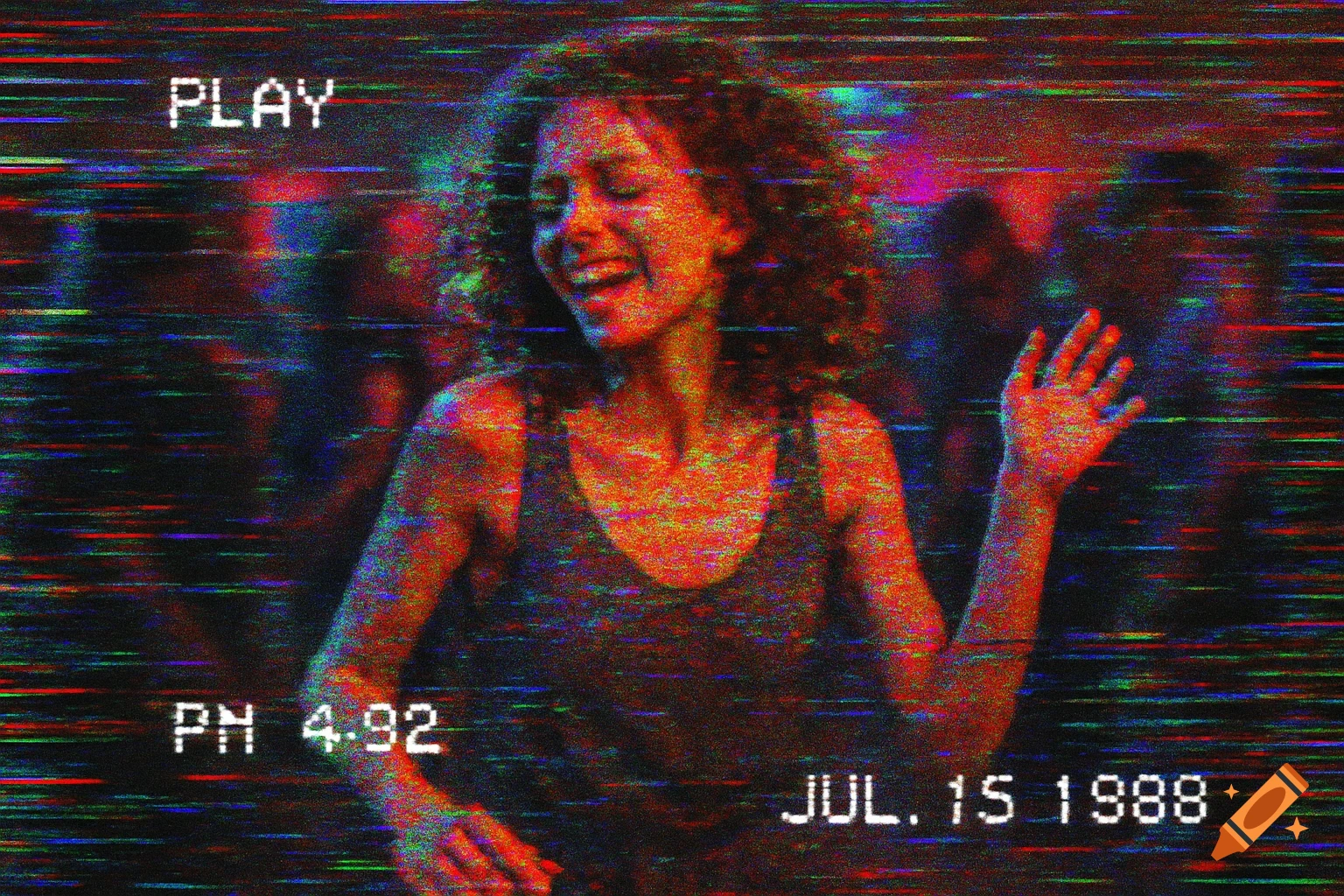 Woman dancing at a party with heavy VHS glitch effect and overlay text 'PLAY JUL. 15 1988 PM 4.92'