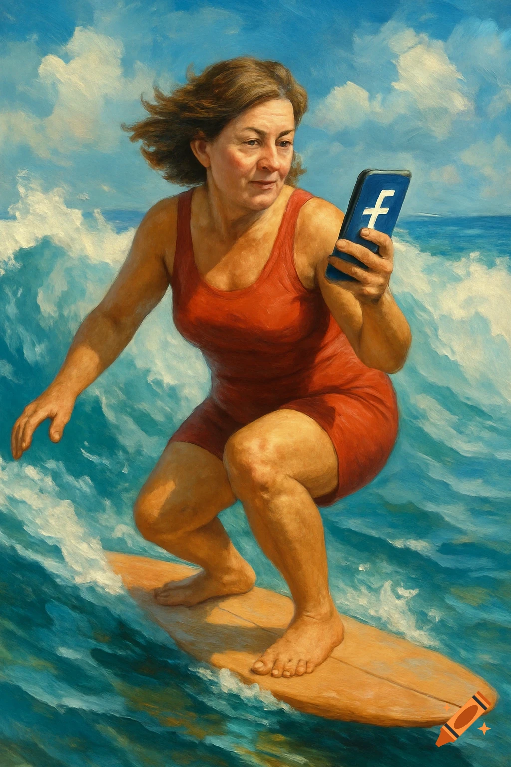 Oil painting of a woman surfing and looking at a phone with the Facebook logo.