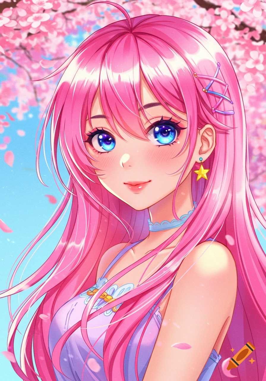 Anime portrait of a pink-haired girl with blue eyes under cherry blossoms.