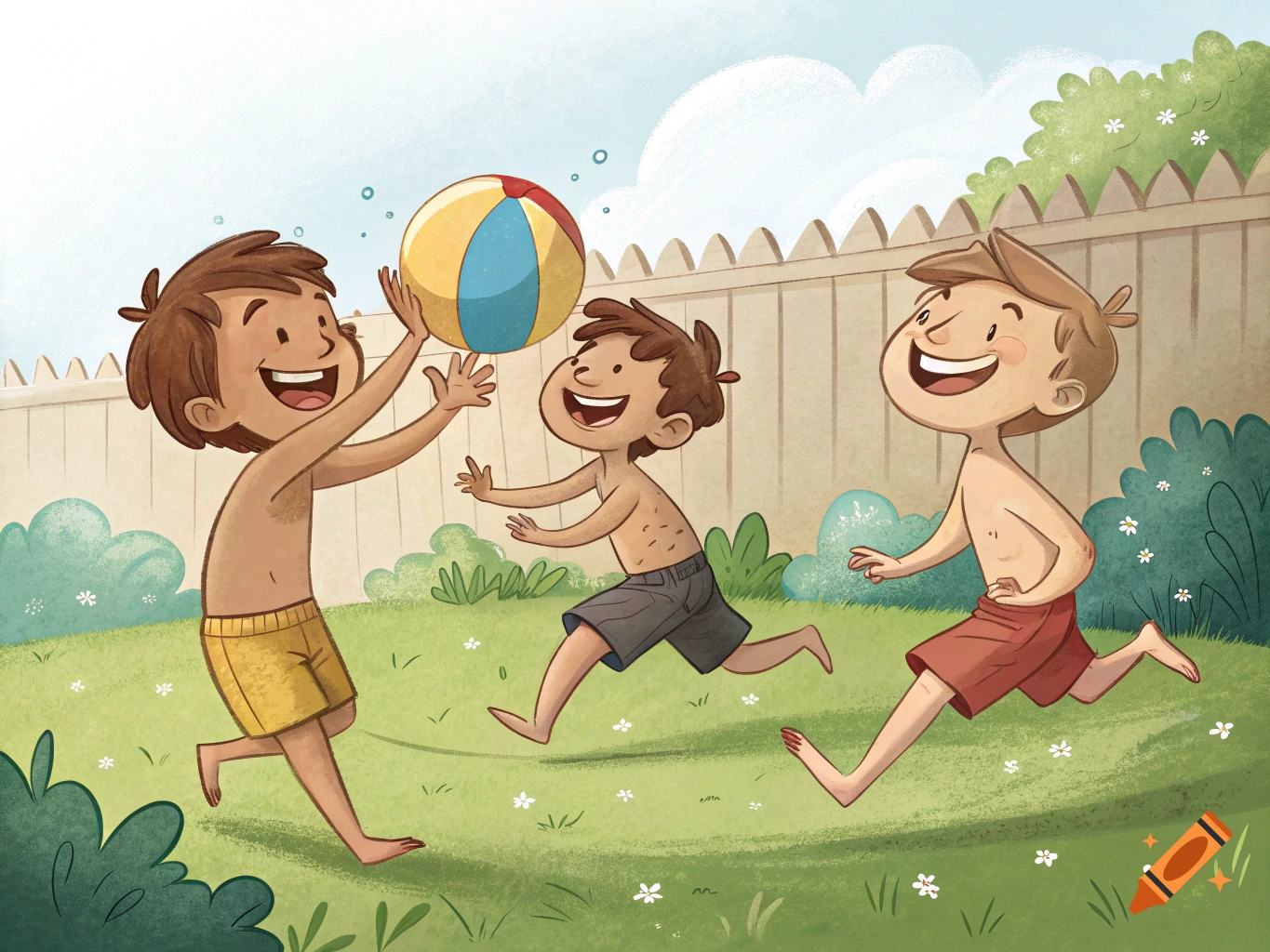 Three boys playing with a beach ball in a backyard illustration.