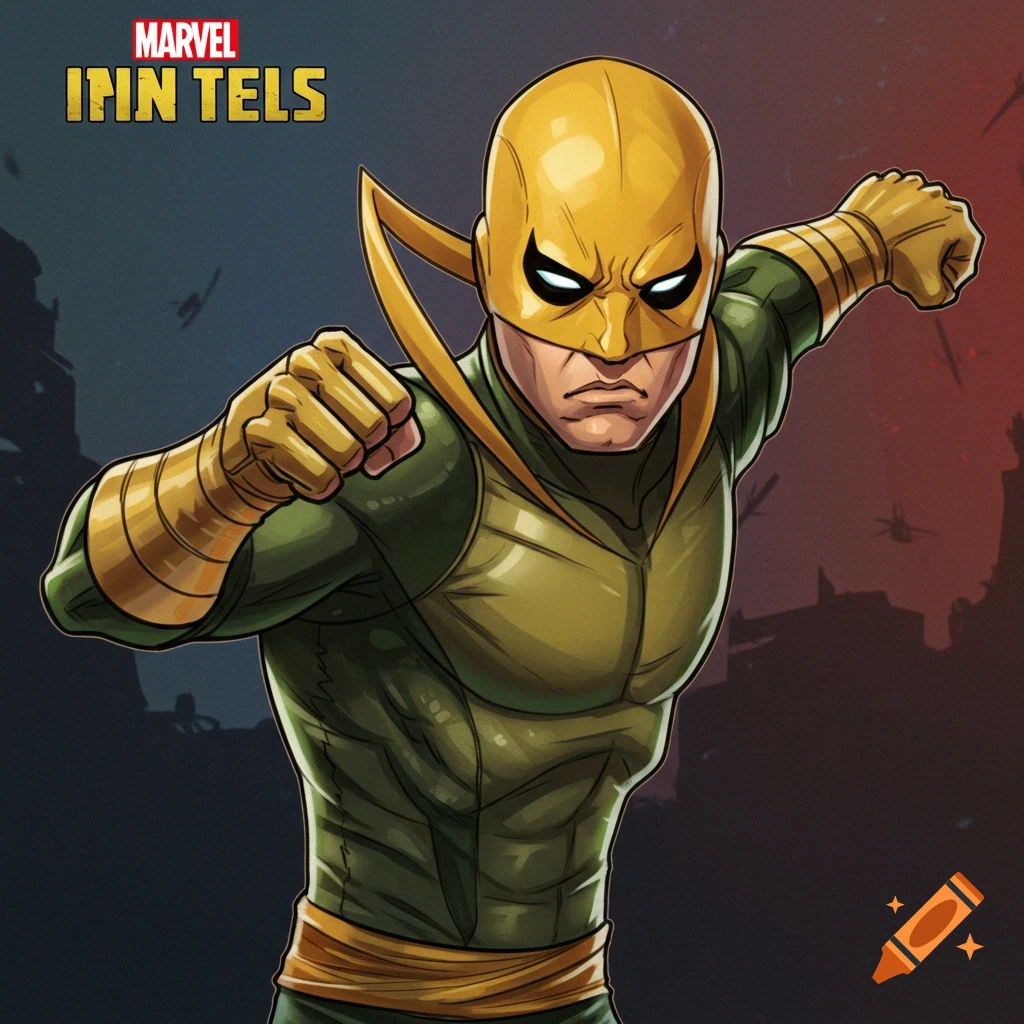 Iron Fist, a Marvel superhero in a yellow mask and green and yellow costume, punching forward in a comic book style illustration.