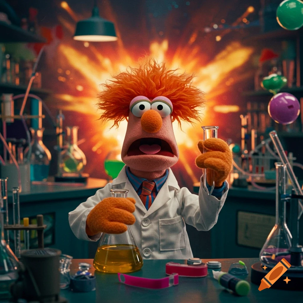 Muppet character Beaker holds beakers in a lab with an explosion in the background.