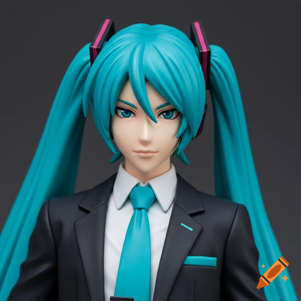 Close-up of a Hatsune Miku figure in a suit and tie.
