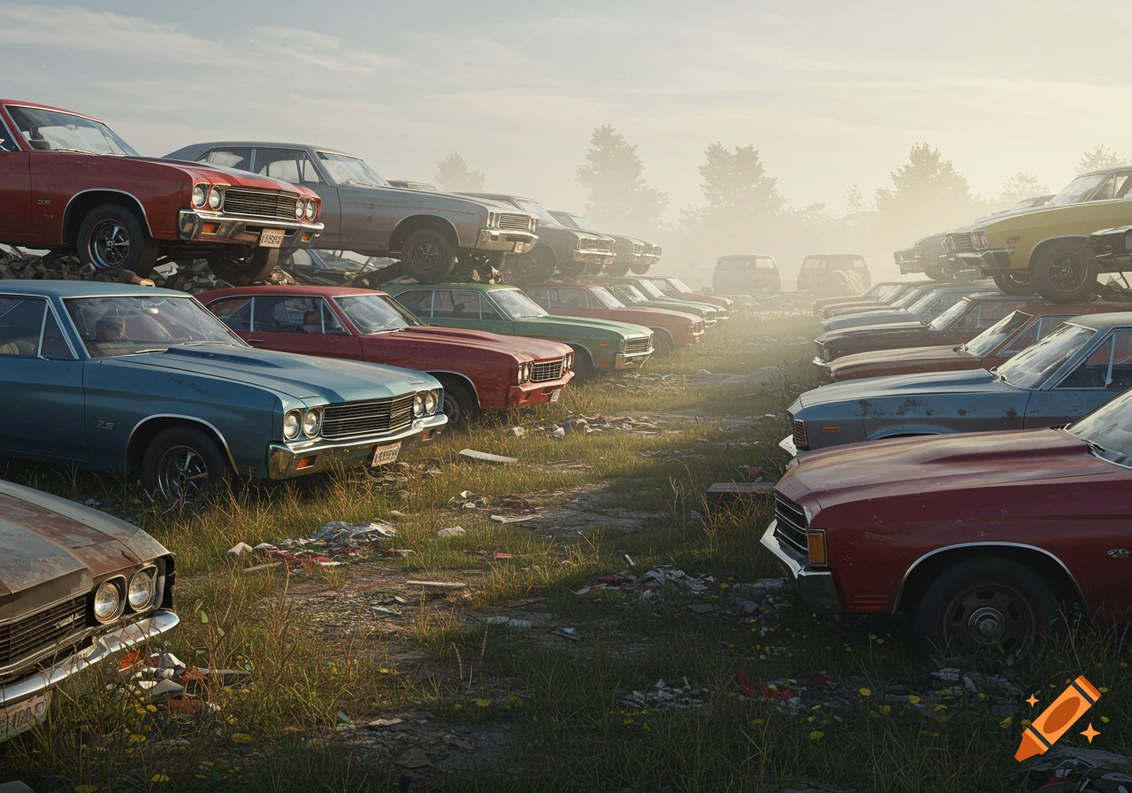 A junkyard full of classic American cars in a foggy, atmospheric setting, photorealistic style.