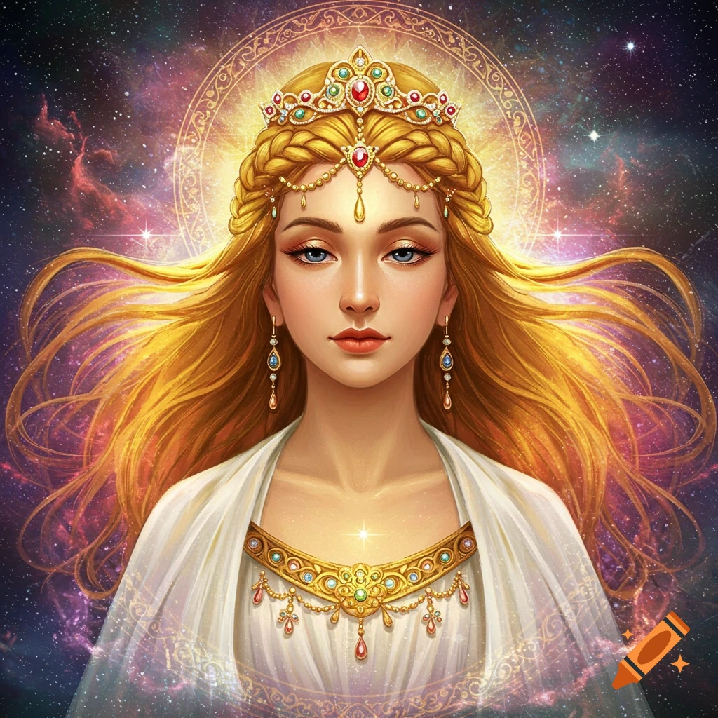 Fantasy portrait of a golden-haired goddess with a jeweled crown and white robe against a starry galaxy background.