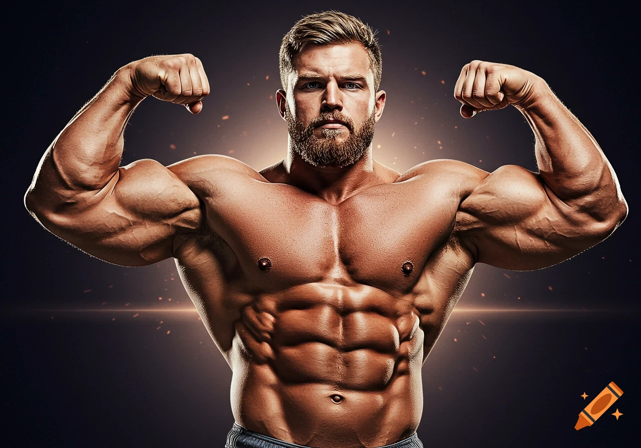 Muscular man with beard flexing biceps.