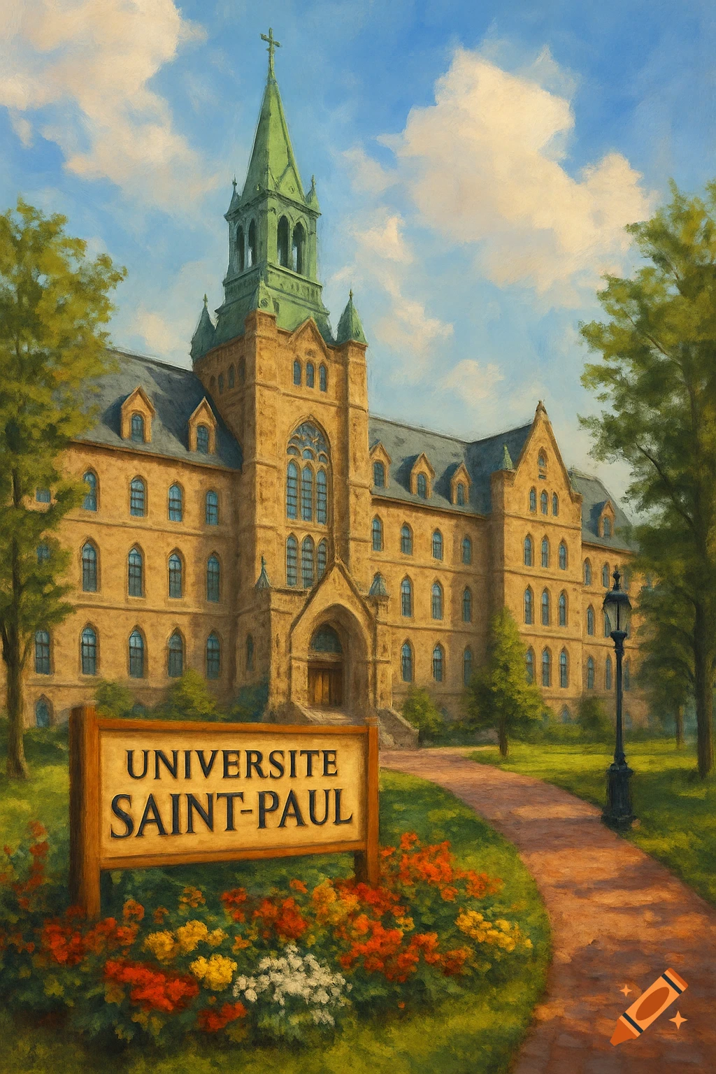 Painting of a historic university building with a sign and flowers.