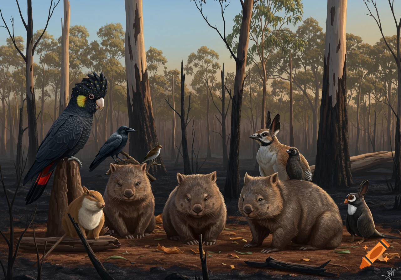 Australian animals gather in a burnt forest.