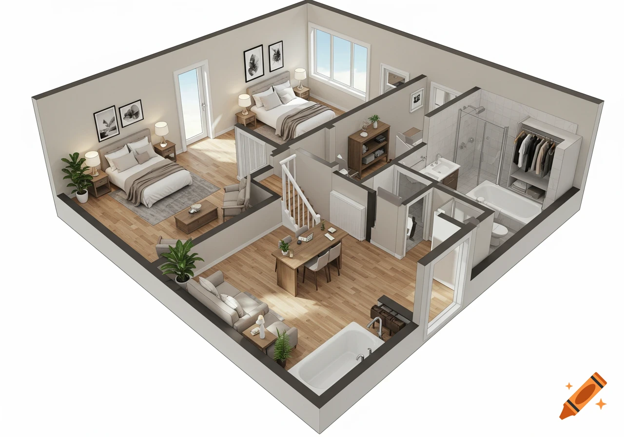 A 3D rendering of a floor plan showing two bedrooms, a living area, dining area, and two bathrooms.