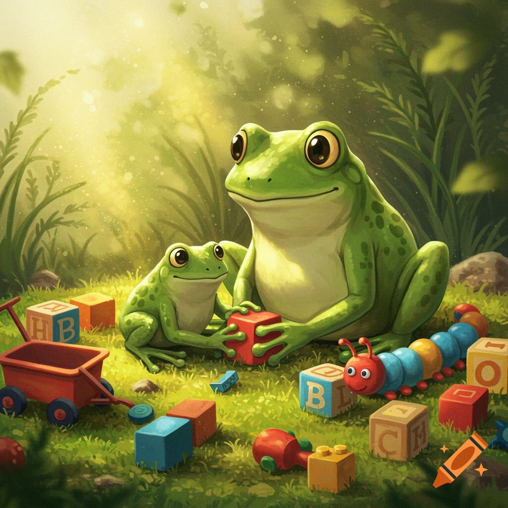 Two cartoon frogs play with colorful toy blocks and a caterpillar toy in a sunny forest clearing.