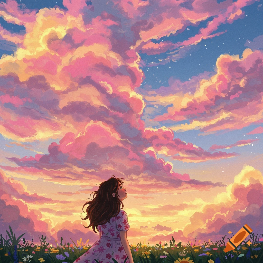 Anime-style drawing of a girl looking up at a vibrant sunset sky filled with pink and orange clouds from a field of flowers.