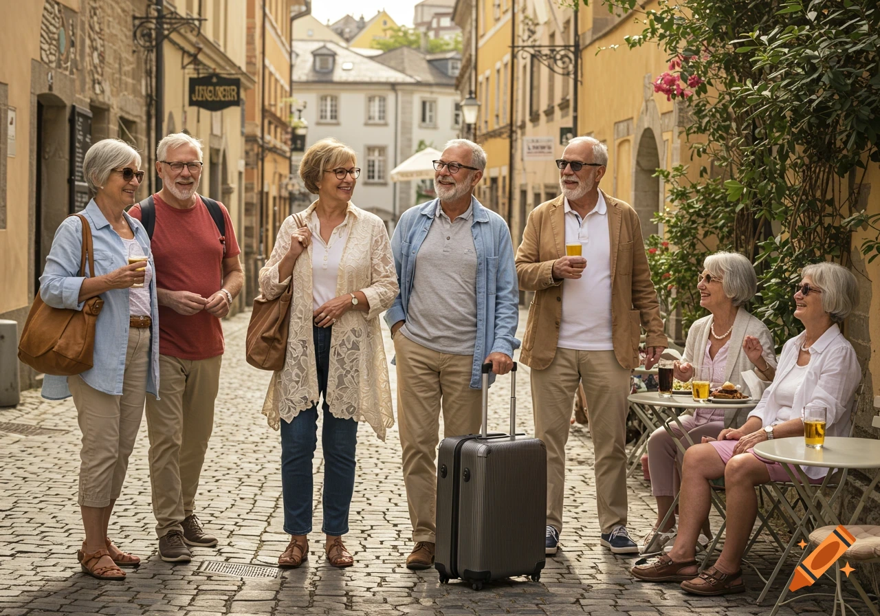 Group of older adults traveling in a charming European city street with shops and cafes.