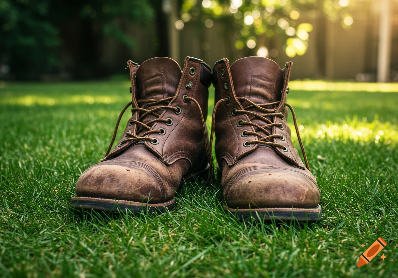 A pair of old brown leather boots sit on green grass with warm sunlight.