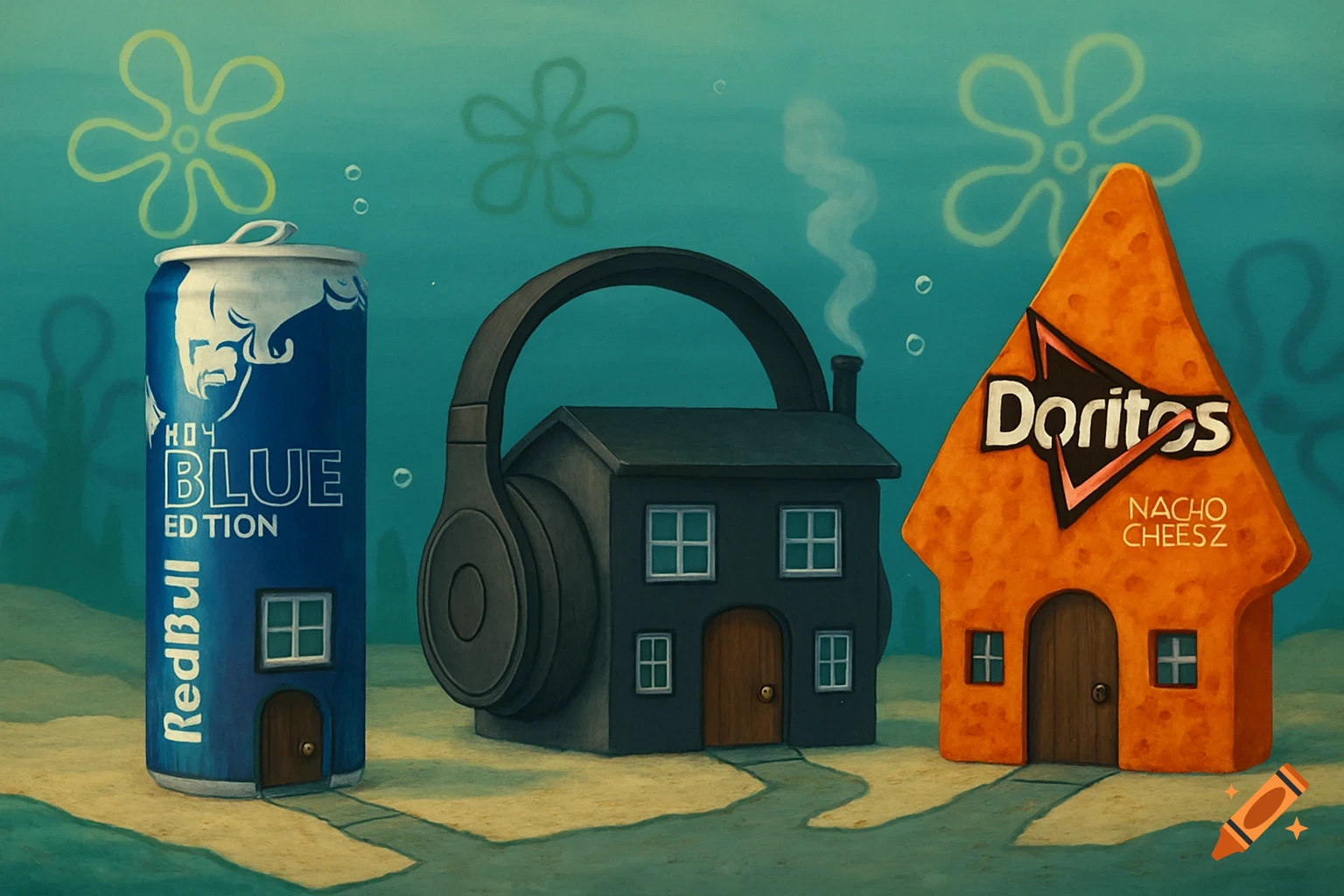 Painting of three whimsical houses underwater: a Red Bull can, a headphone box, and a Doritos chip.