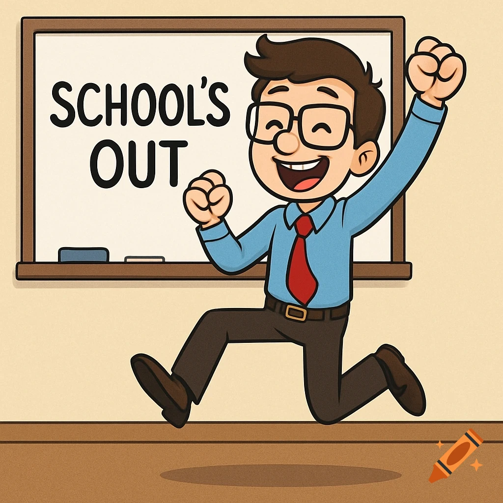A cartoon teacher jumps for joy in a classroom in front of a whiteboard that says "SCHOOL'S OUT".