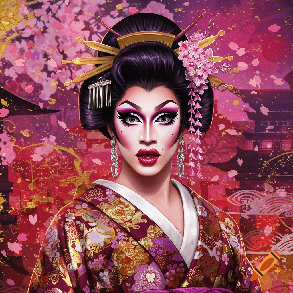 Portrait of a drag queen wearing a kimono and geisha hairstyle against a floral background.