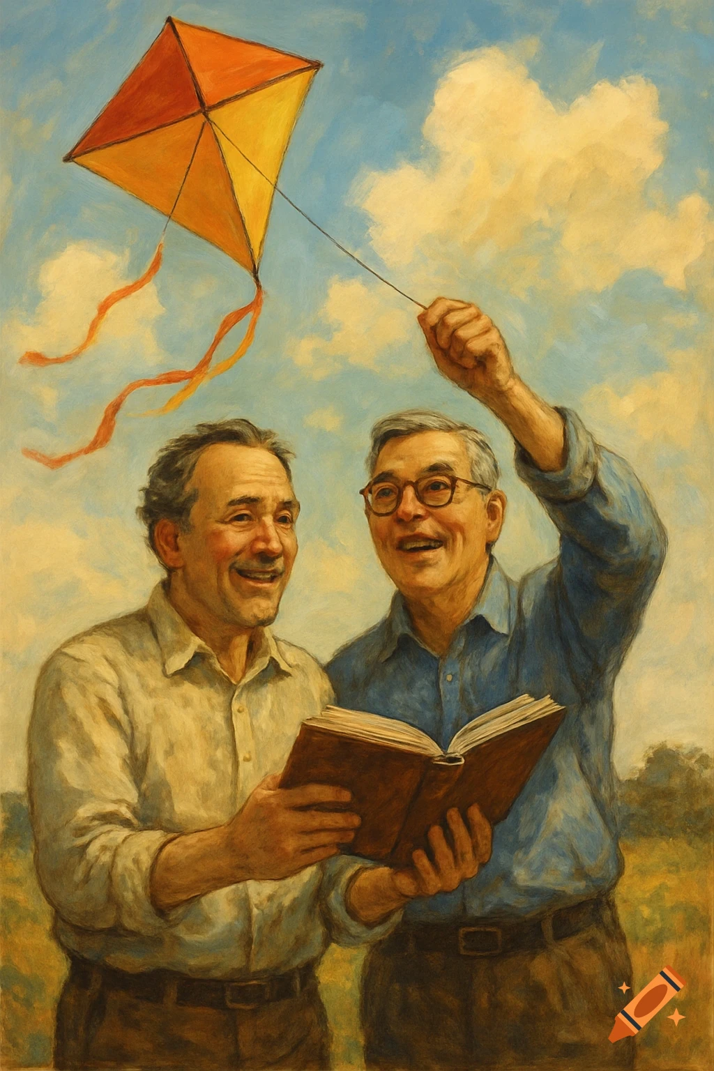 Two men look up while holding a book and flying a kite, painted illustration.