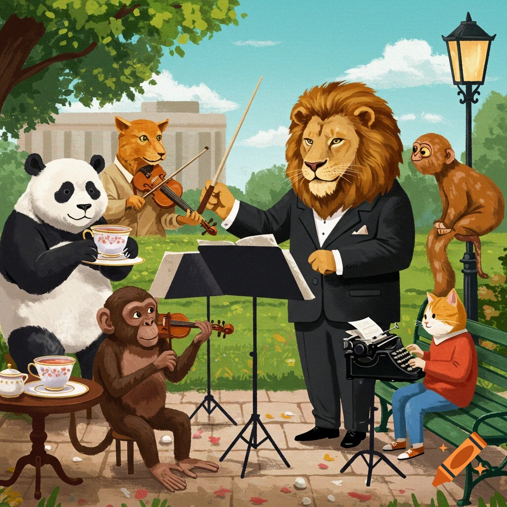 Anthropomorphic animals playing music in a park. A lion conducts, a panda drinks tea, monkeys play violins, and a cat types.