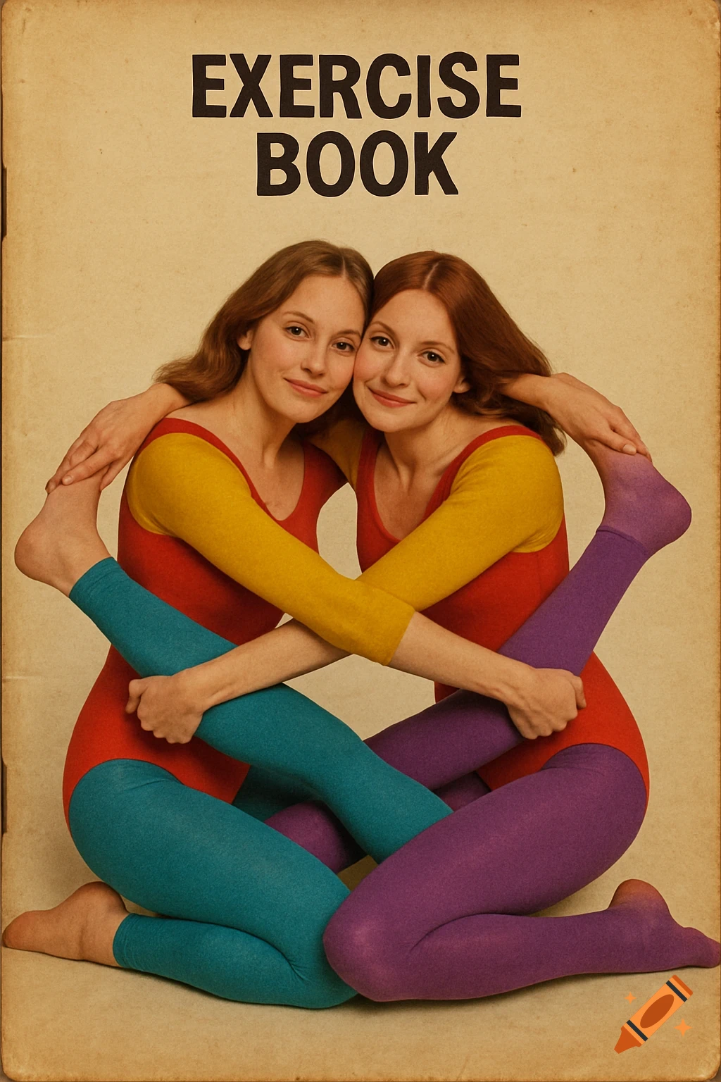 Vintage exercise book cover with two women intertwined in colorful leotards and tights.