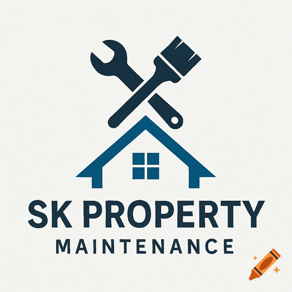 Logo for SK Property Maintenance featuring a house, wrench, and paint brush.