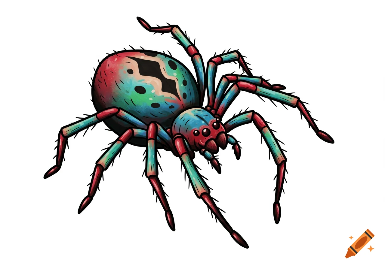 A vibrant, colorful cartoon spider in new school tattoo style.