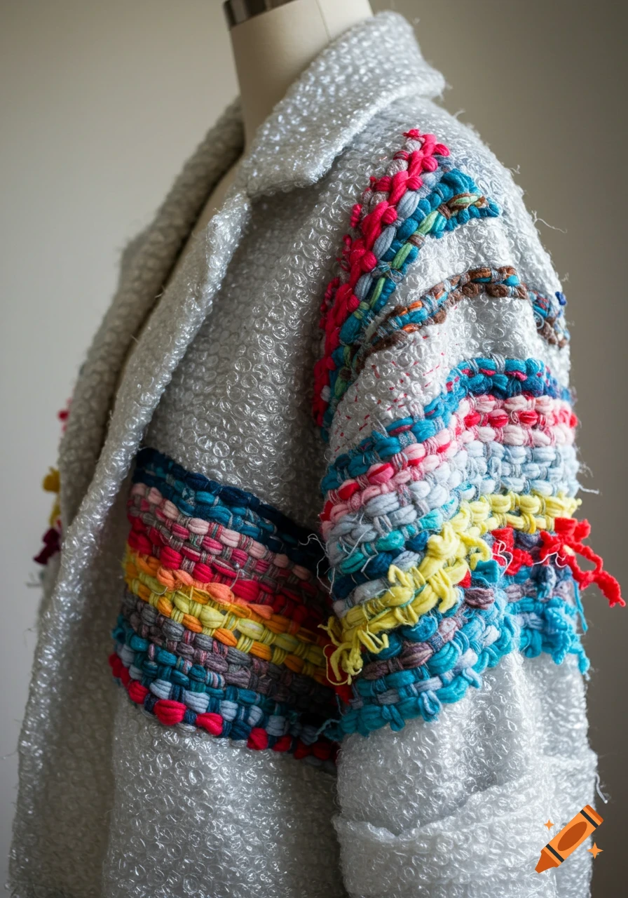 A coat made of clear bubble wrap with woven bands of brightly colored yarn on the sleeves and shoulder, displayed on a mannequin.