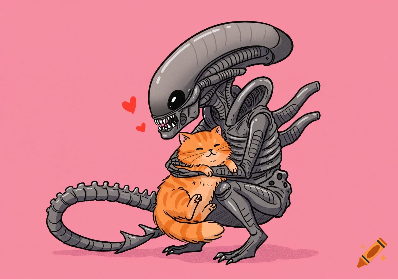 A cute cartoon drawing of a xenomorph alien gently holding an orange tabby cat. Two small hearts float above them on a pink background.