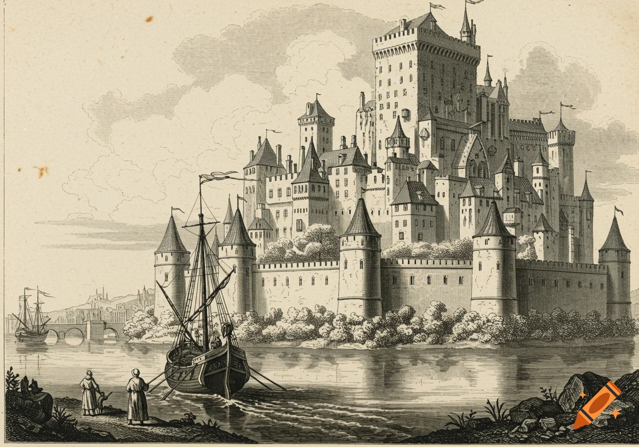Vintage drawing of a large castle on a shore with boats arriving.