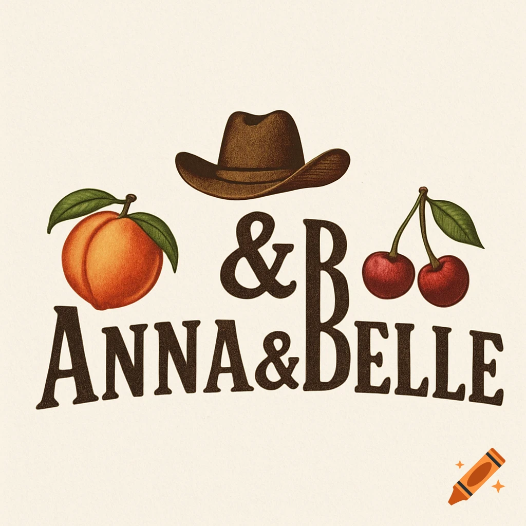 Logo for Anna & Belle with a cowboy hat, peach, and cherries in an illustration style.