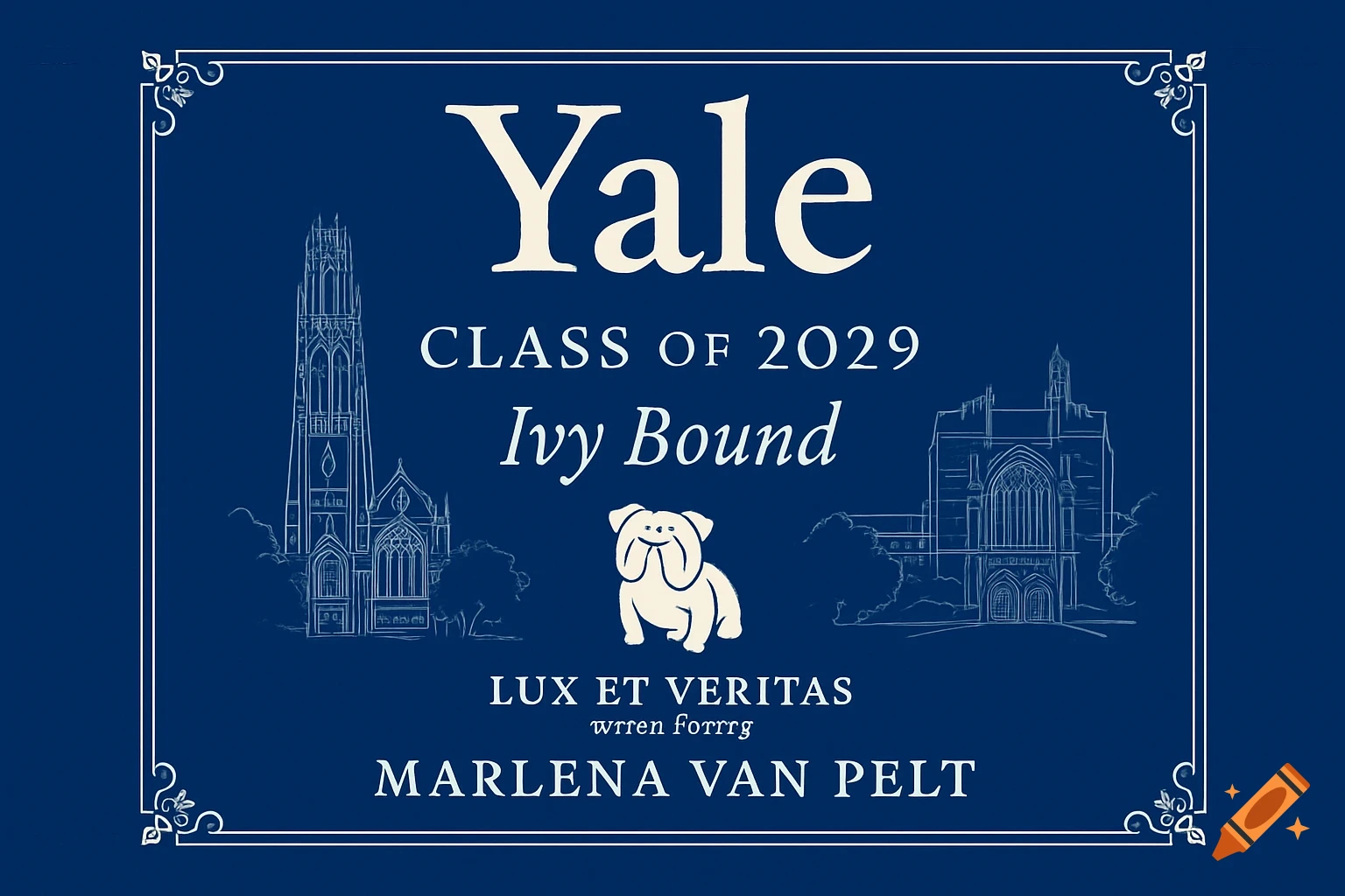 Blue academic graphic with Yale text, buildings, dog mascot, and decorative border.