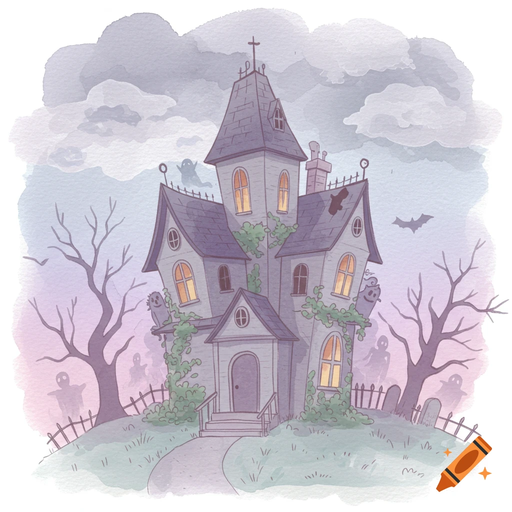 Watercolor illustration of a haunted house on a hill with ghosts, trees, and a cemetery.