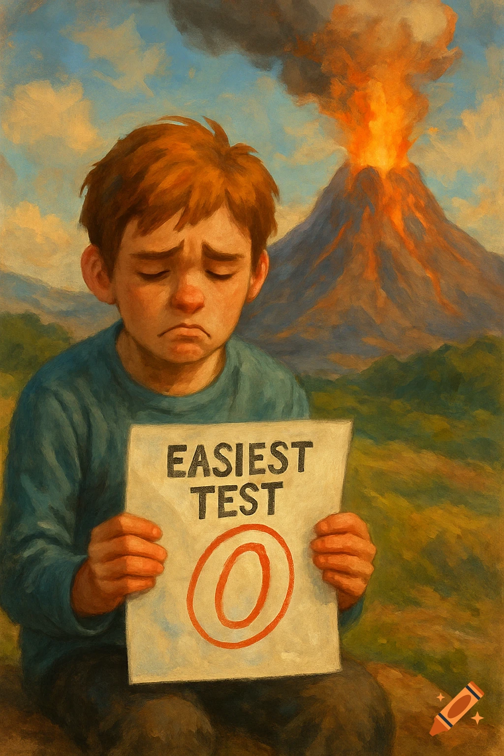 Sad boy holding a test with a 0 on 'EASIEST TEST' in front of an erupting volcano, painterly style.