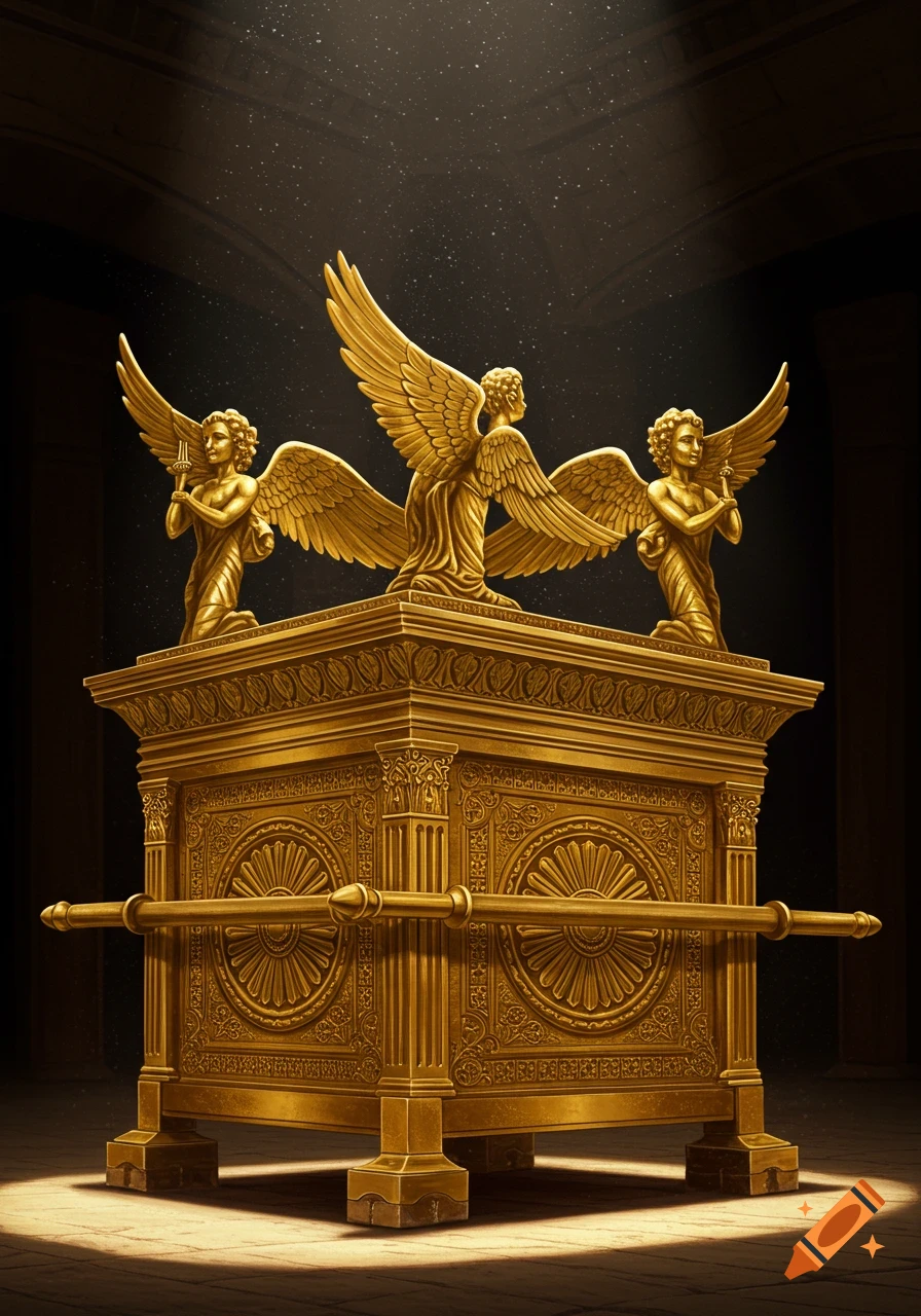 Realistic depiction of the golden Ark of the Covenant with cherubim