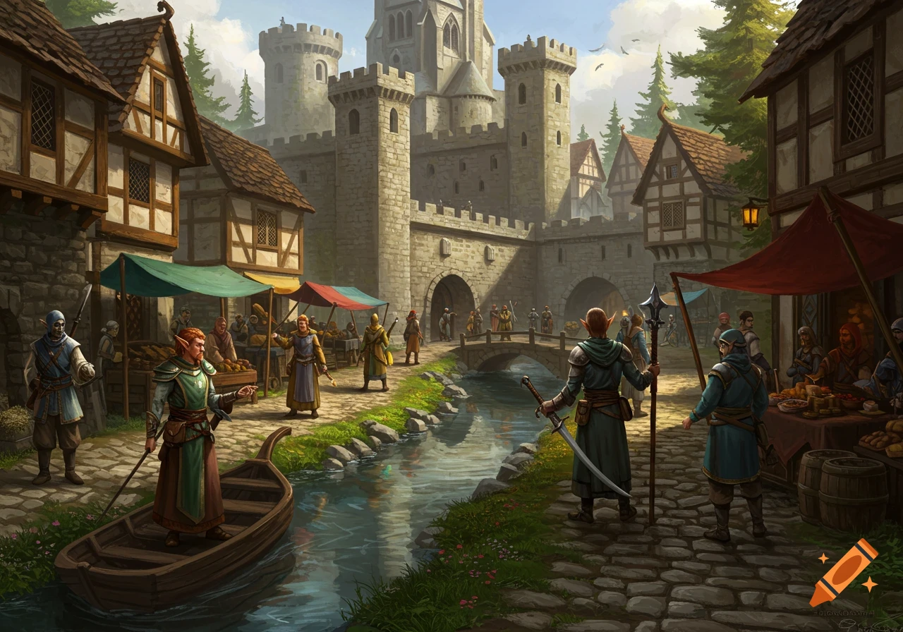 A busy medieval fantasy town market scene by a river, with a large castle in the background.