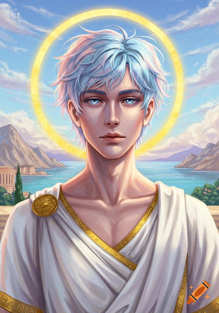Portrait of a young man with light blue hair, eyes, and a halo, in ancient Greek attire, set in a scenic landscape.
