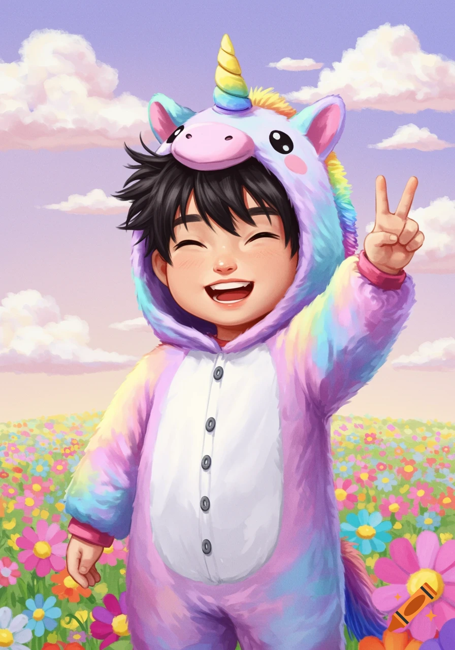 Cute illustration of a boy in a unicorn onesie holding up a peace sign in a field of flowers.