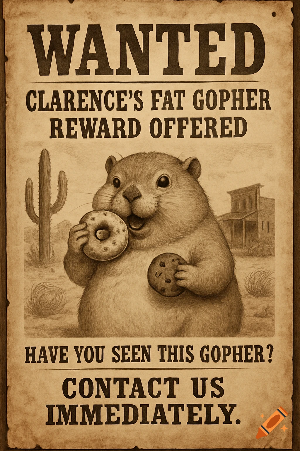 A sepia-toned western wanted poster for a fat gopher holding a donut and a cookie.