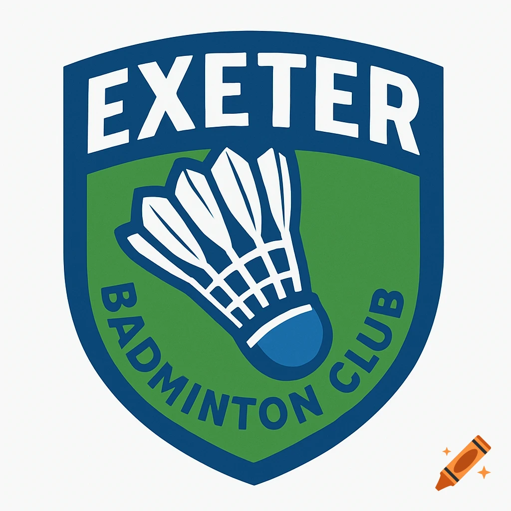 Sports logo shield for Exeter Badminton Club featuring a shuttlecock.