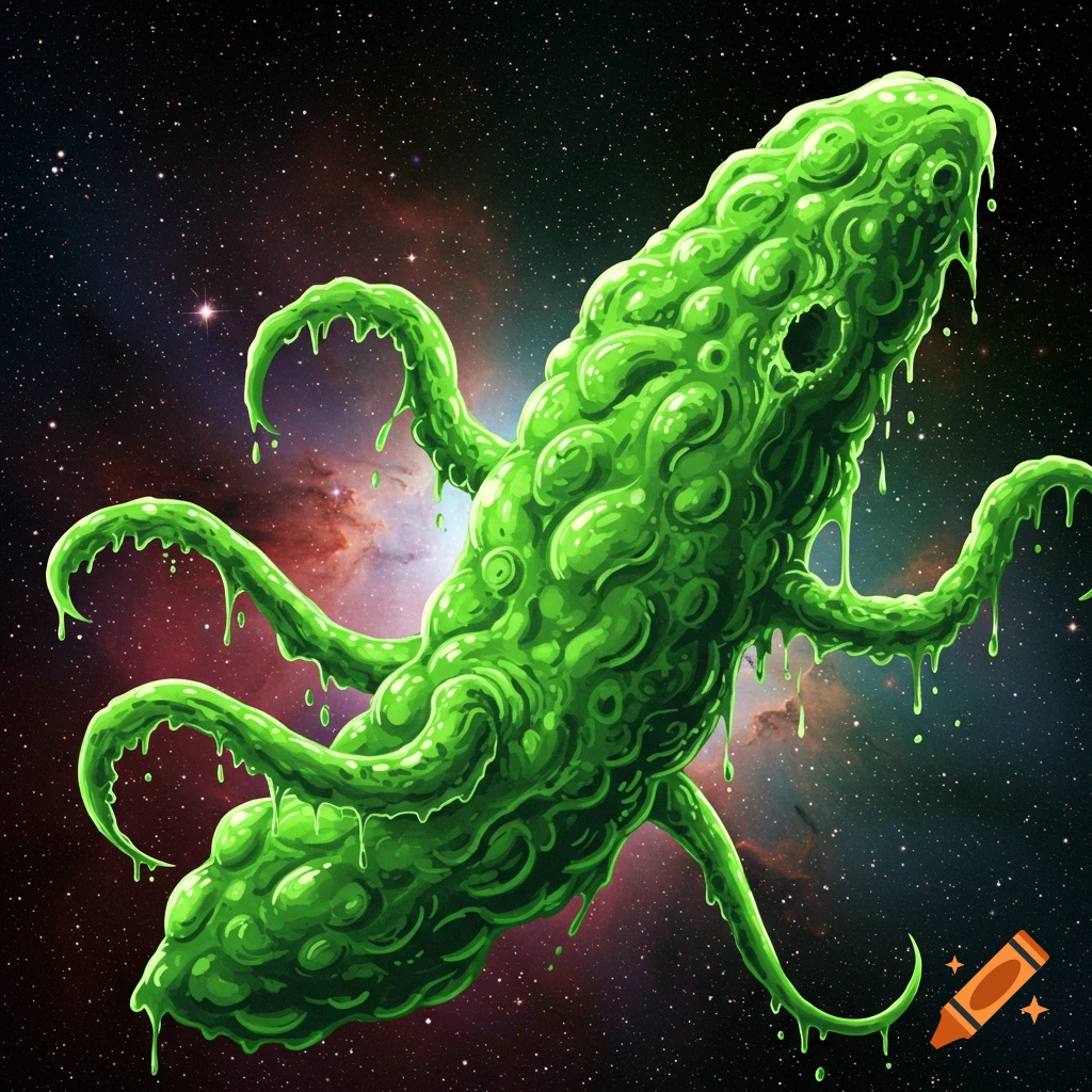 A green gooey tentacled monster floats in space.