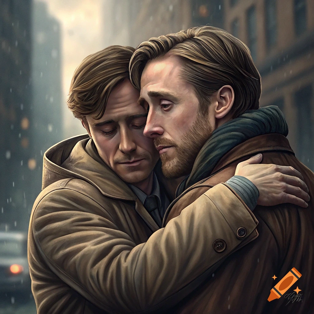 Illustration of Ryan Gosling and Cillian Murphy hugging in the rain