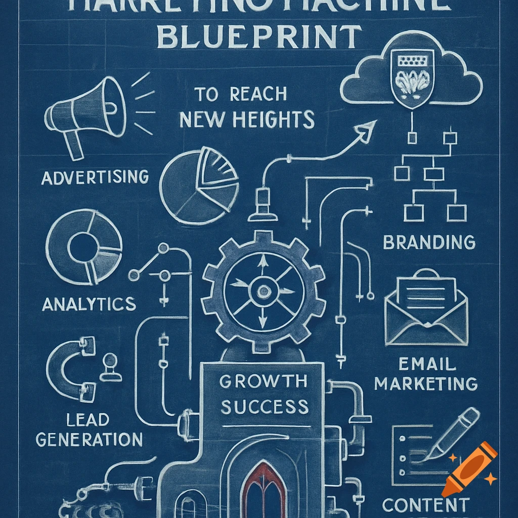 Blueprint diagram of a marketing machine with labeled components like advertising, analytics, branding, email marketing, and content.