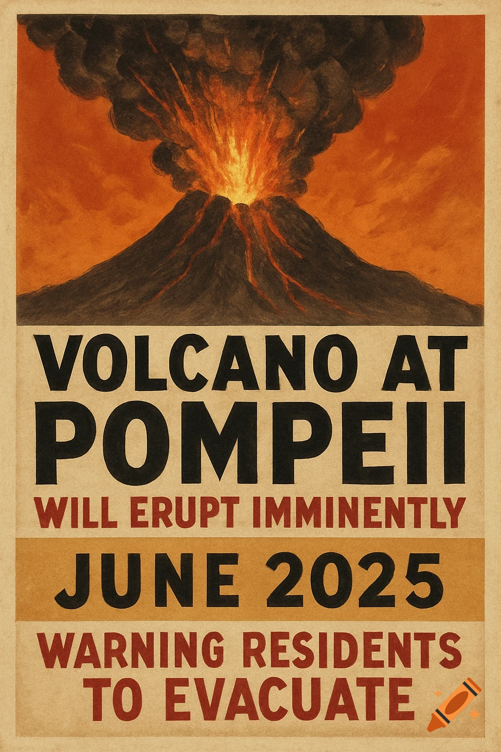 Vintage style warning poster about a volcano eruption at Pompeii.