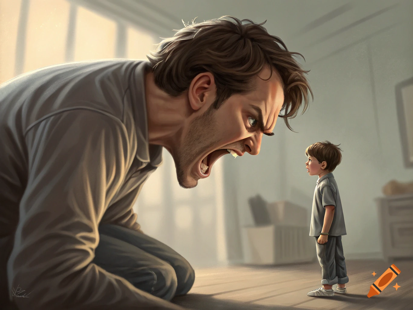 Giant angry man kneels and yells down at a small child, dramatic digital painting.