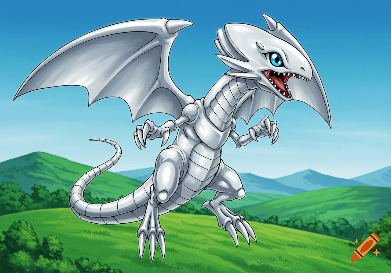 Blue-Eyes White Dragon flying over a green landscape, anime style. on ...