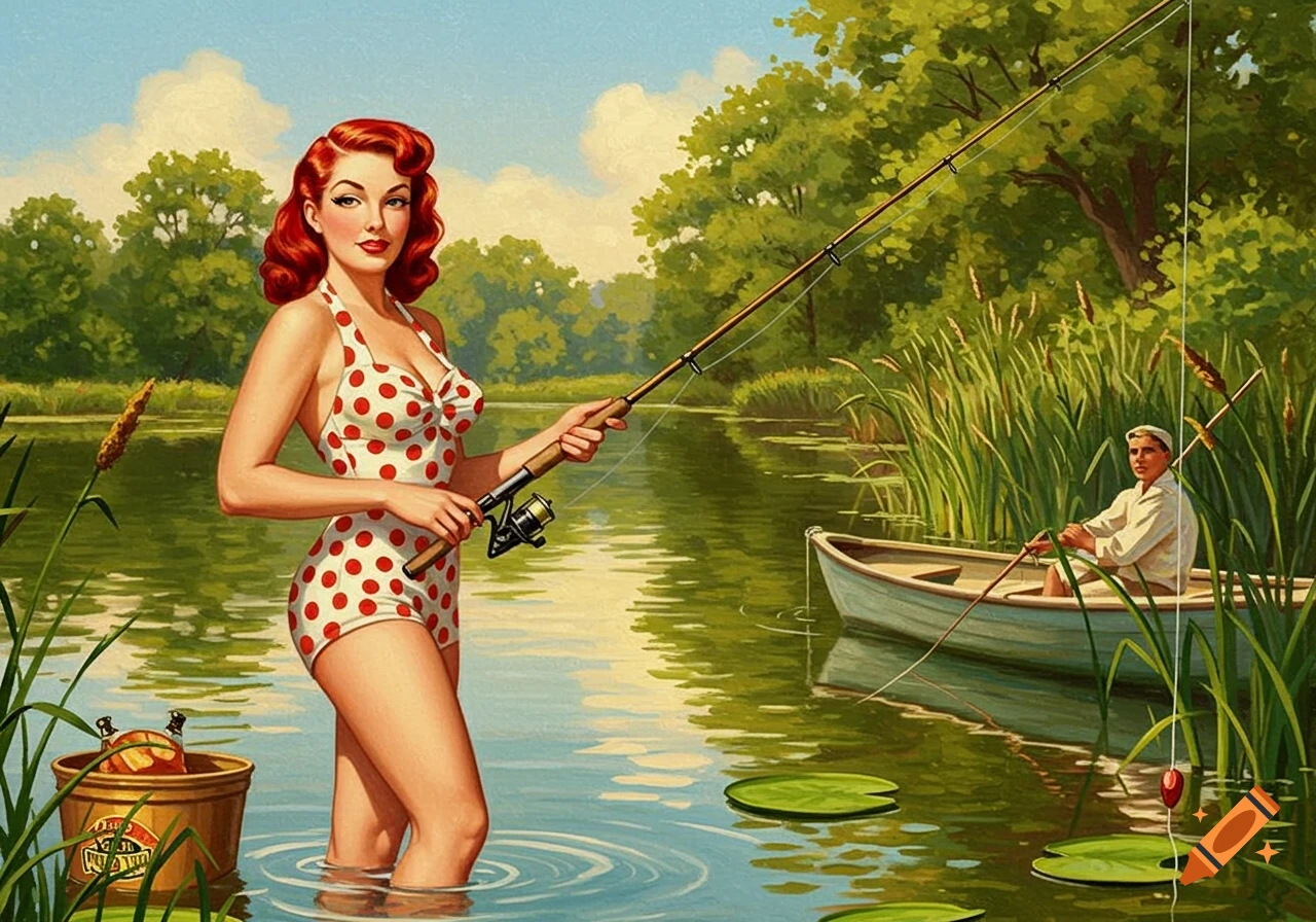 Retro illustration of a pin-up woman fishing in a lake while a man rows a boat.