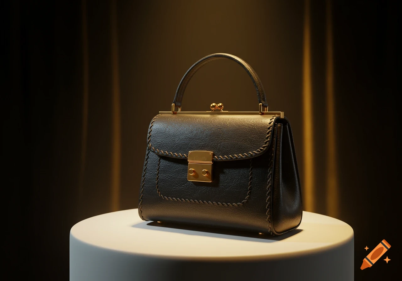 Luxury black leather handbag on a pedestal, cinematic lighting, photorealistic style
