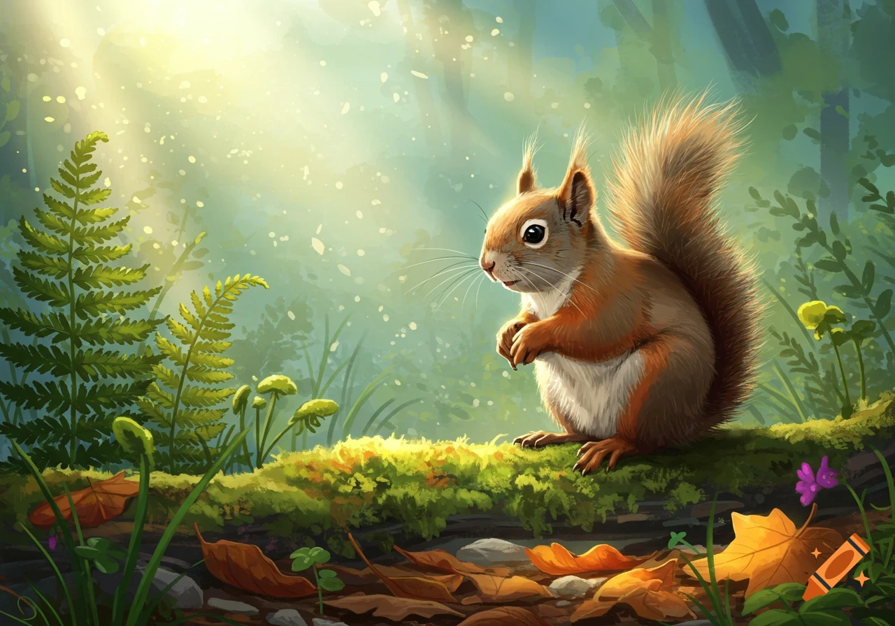 An illustration of a squirrel sitting on a mossy log in a sunlit forest.