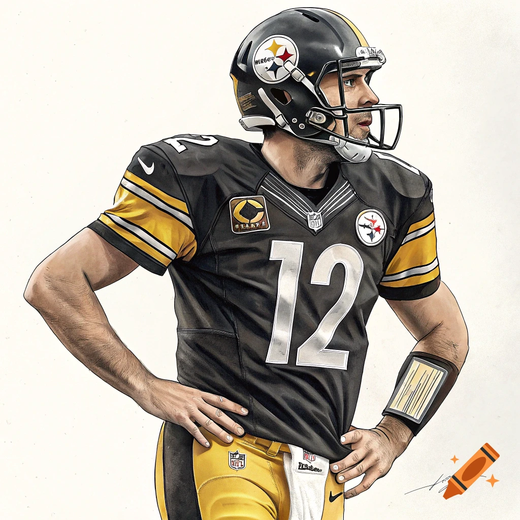 Illustration of a football player in a black and yellow Pittsburgh Steelers uniform with the number 12.