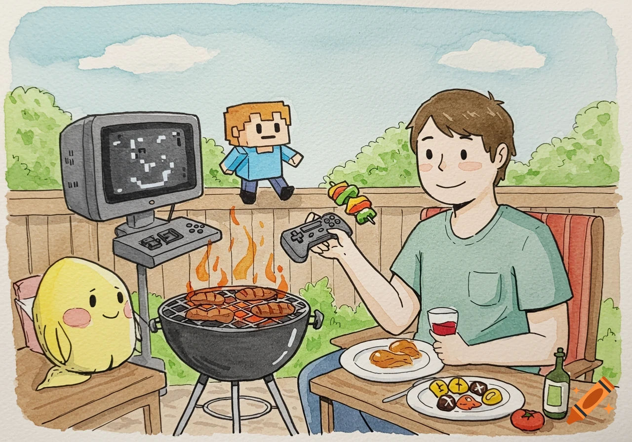 Watercolor illustration of a man grilling outdoors with a pixelated character and a yellow character.