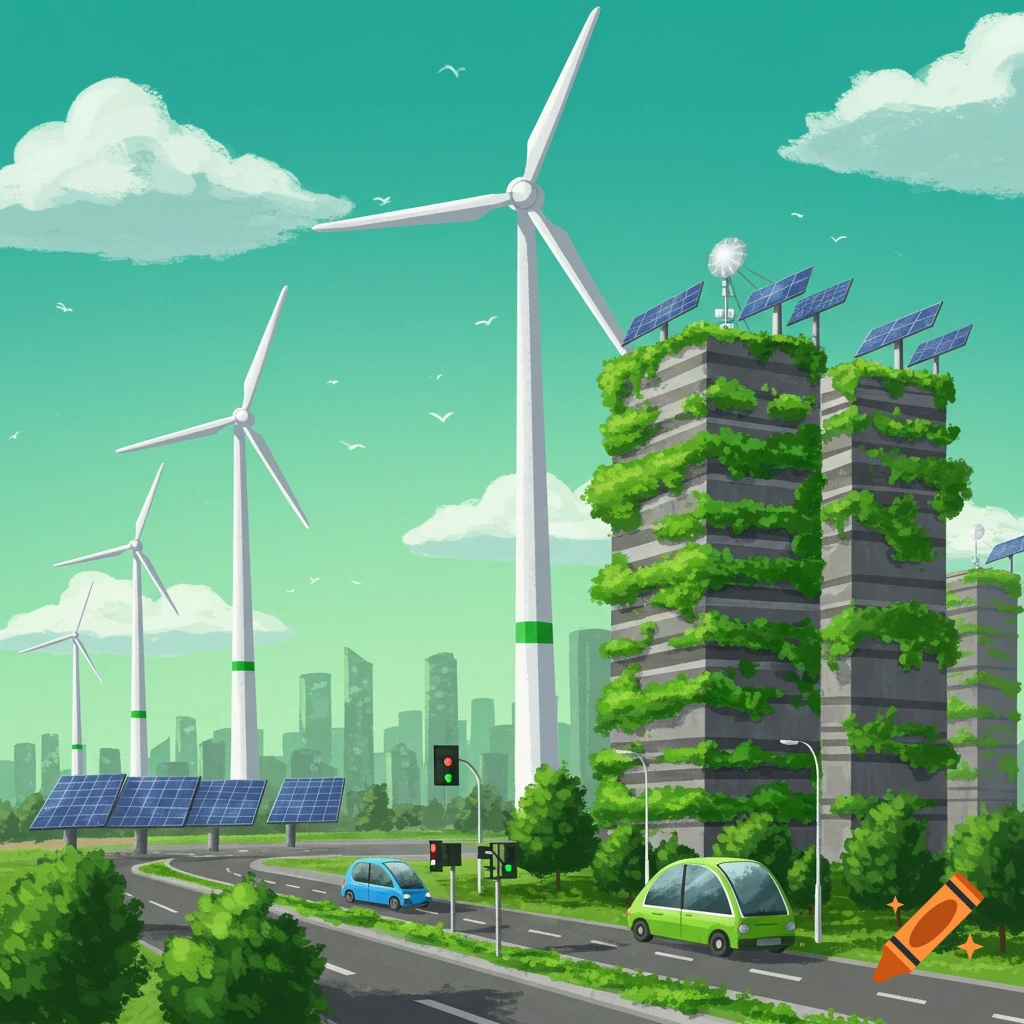An illustration of a green city with wind turbines, solar panels on buildings covered in vines, and electric cars on a road.